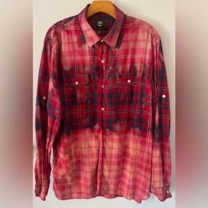 Timberland Bleached Dyed Red & Blue Flannel Shirt Size LARGE